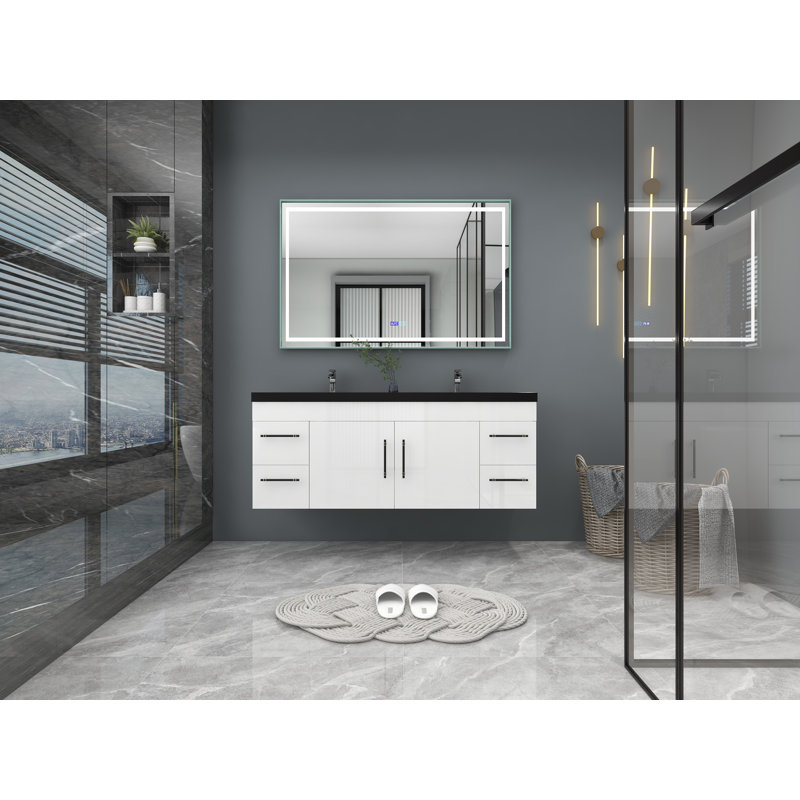 Campblin 60" Wall-Mounted Double Bathroom Vanity Set, High Gloss White, Matte Black