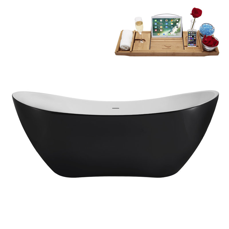 71" Streamline Soaking Freestanding Tub and Tray With Internal Drain, Brushed Nickel