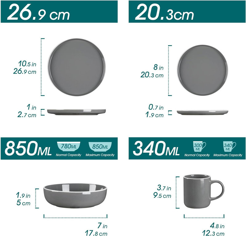 Vancasso 32 Pieces Stoneware Dinnerware Set, Sesame Glaze Ceramic Combination Set, Service For 8 , Dark Grey