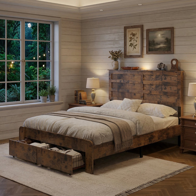 Farmhouse Full-Size Platform Bed Frame With 2 Drawers, Full