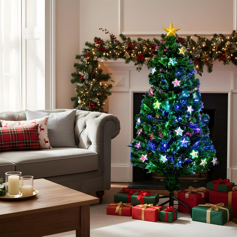 Star Fibre Optic Christmas Tree with LED Lights, Green PVC, Pre-Lit for Indoor Display, 5 ft.