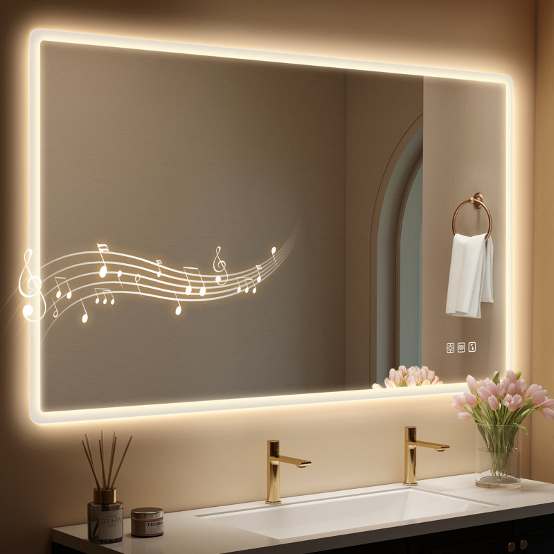 Modern Lighted Wall Mounted Bathroom Mirror in Clear, 128cm H x 77.7cm W