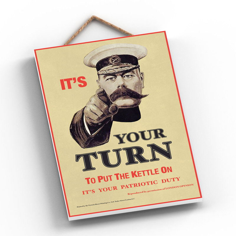 Lord Kitchener Kettle On Vintage Retro Poster Design On Wooden Plaque