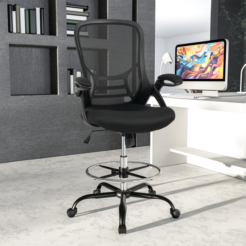 Nuria Mesh Drafting Chair with Adjustable Footrest - Ergonomic Swivel Rolling Office Chair for Desk Work, Black, Black
