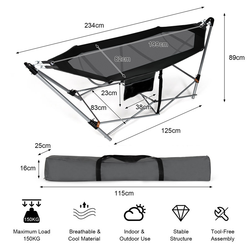 Adyson Folding Portable Travel Lounge Camping Hammock with Stand, Black/Grey