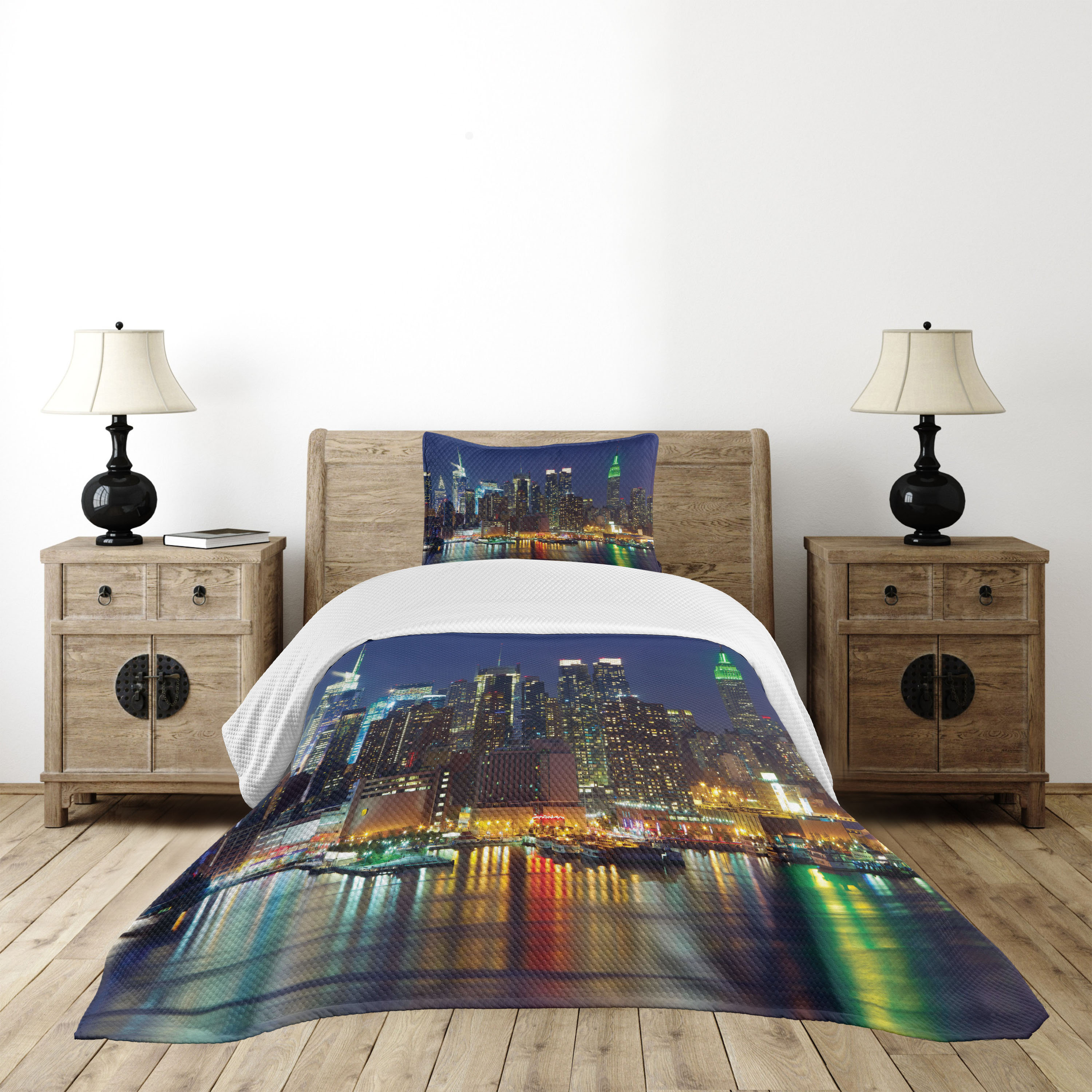 Ambesonne Scenery Bedspread Set NYC Midtown Skyline Royal Blue | Wayfair