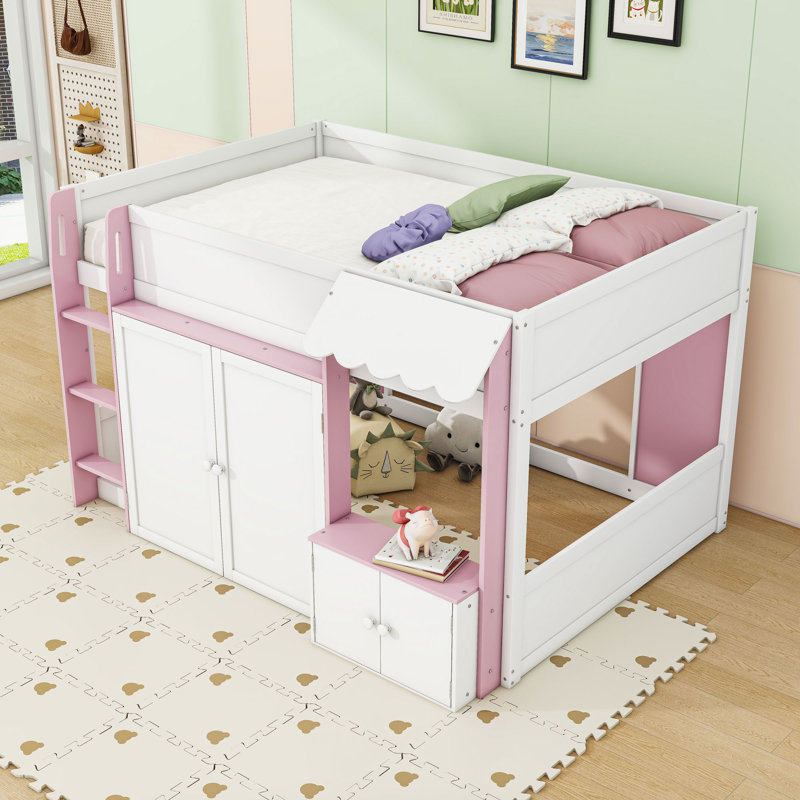 Lit mezzanine avec armoires de rangement, Rose blanc