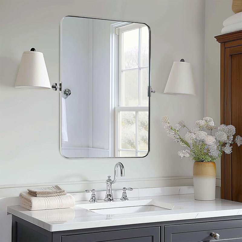 Miroir de salle de bain mural moderne inclinable | Cadre pivotant en acier inoxydable, Chrome poli, 32 po x 24 po