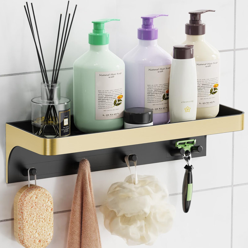 Adhésif pour chariot de douche avec 5 crochets, drainage, sans perçage, organisateur de support de tablette de salle de bain mural en plastique, support de rangement de douche à l'intérieur pour accessoires de salle de bain, tablettes de salle de bain antirouille
