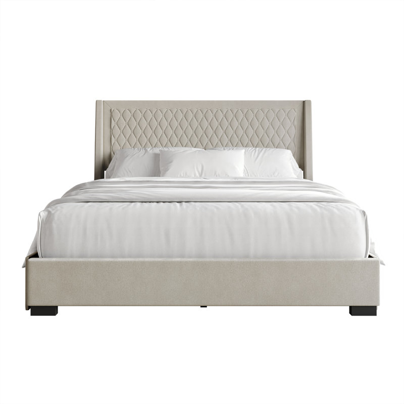 Full Platform Bed with Storage Grey Velvet, Beige, Queen