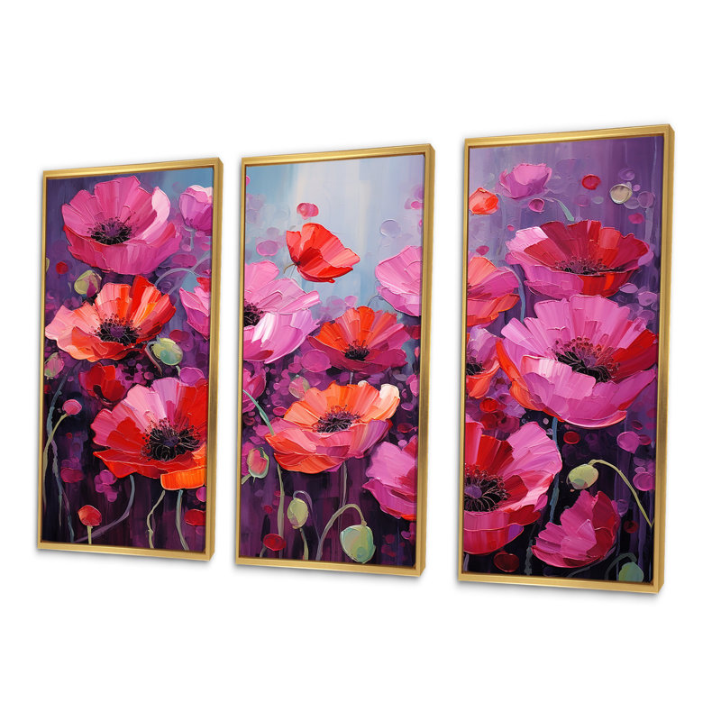 Magenta Poppy Fields Magic - Poppies, ensemble d'art sur toile, Cadre flottant doré, H 40 po x l 60 po x P 1 po