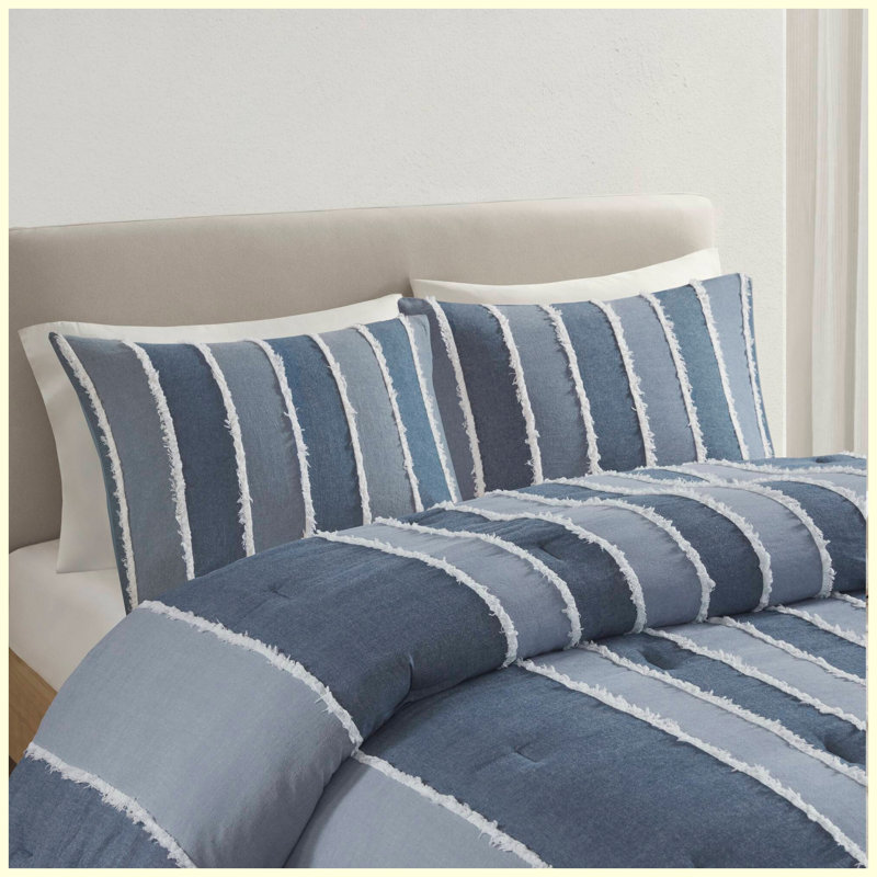 3-Piece Full/Queen Striped Cotton Comforter Set - Blue