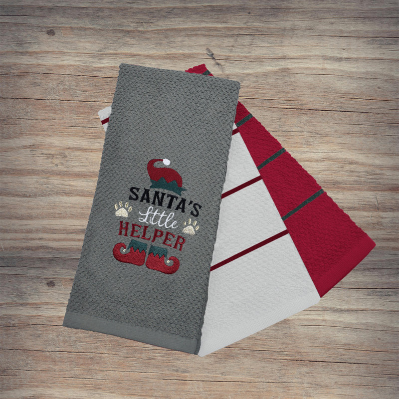 Festive Fun 3 Pack Super Absorbent Fast Drying Set Santas Helper Tea Towel, Grey