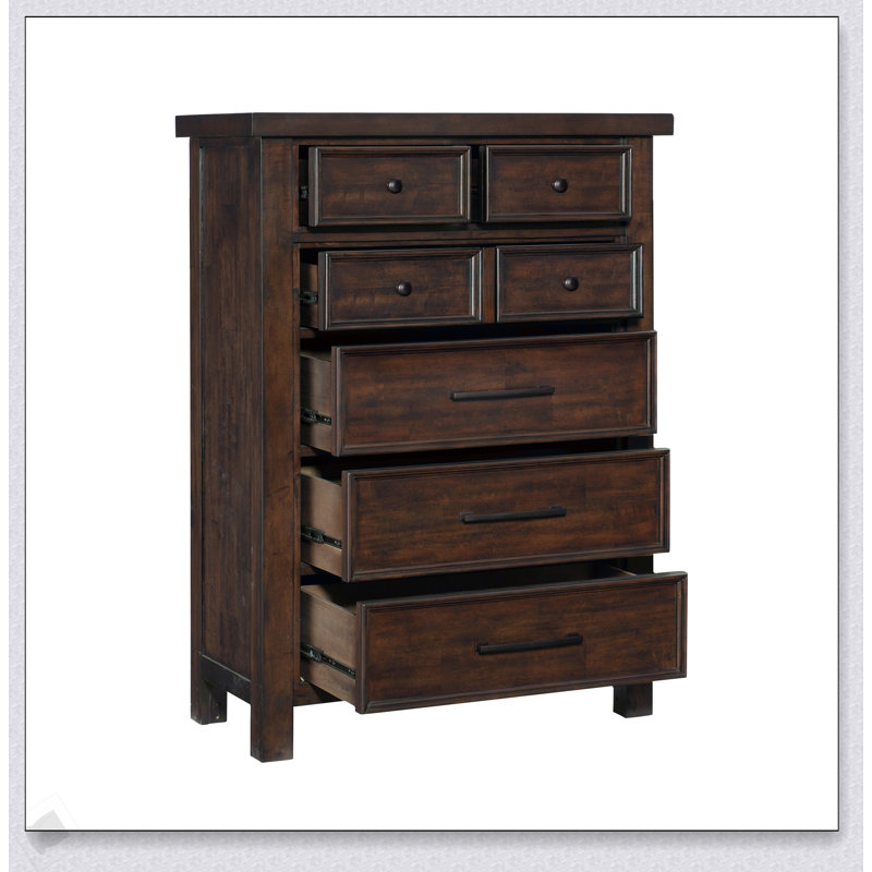 Commode classique 1 pièce avec 6 tiroirs à queue d'aronde, placage de bois de manguier et style transitionnel