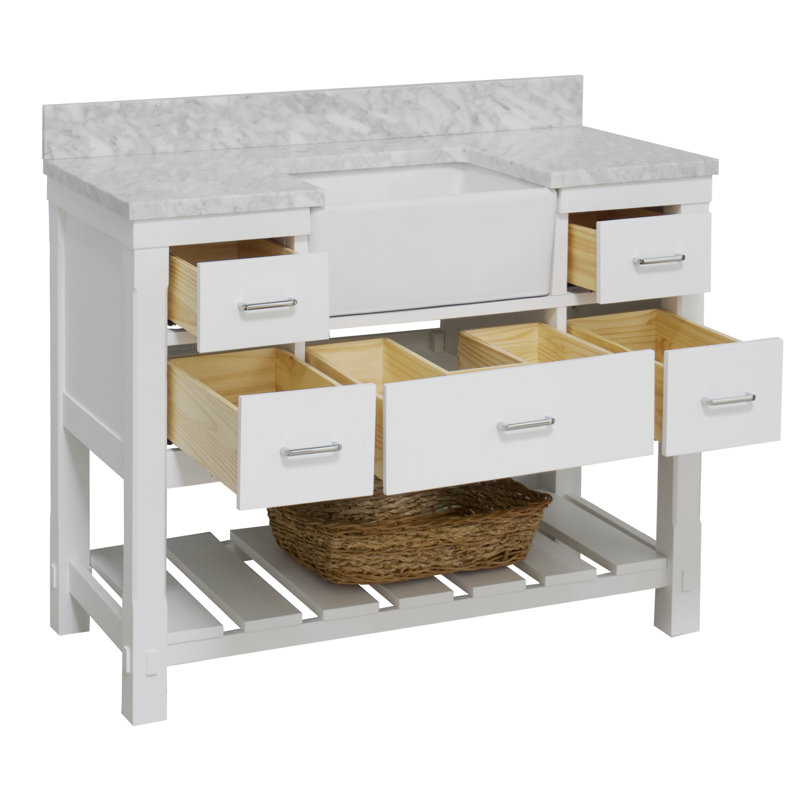 Ensemble de meuble-lavabo simple 48 po avec armoire blanche et comptoir en marbre de Carrare Zasha, Blanc, Marbre de Carrare
