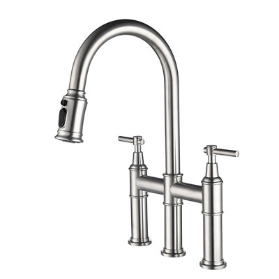 Bridge Style Kitchen Faucet In Brushed Nickel. Pull-Down With Dual Handle For Easy Flow And Temperature Adjustment. 360-Degree Rotating High Nozzle Expanded Cleaning Area. Brass Construction. Quiet