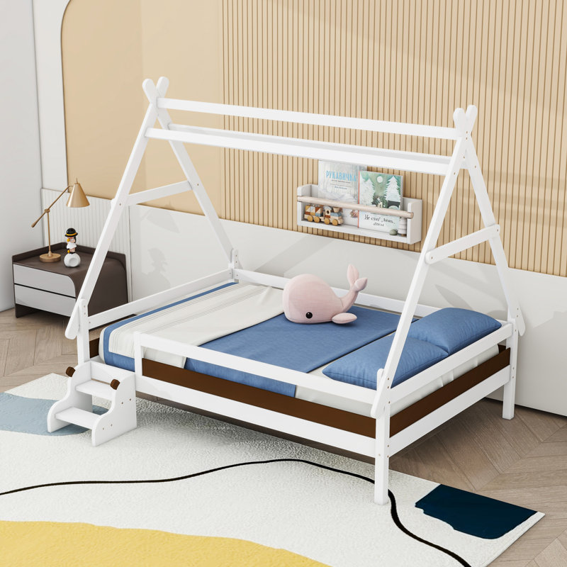 House Platform Bed With Stairs, Full, White