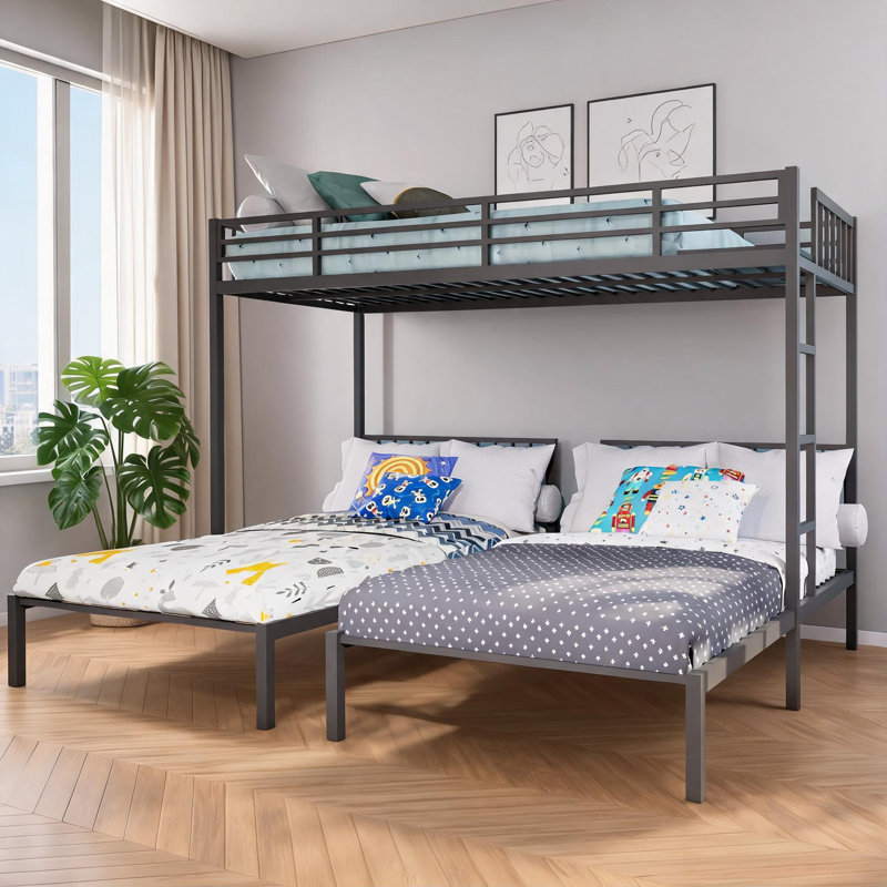 Lit superposé détachable à trois places pour chambre d'enfant, structure en métal noir de jais, séparable en trois lits simples individuels