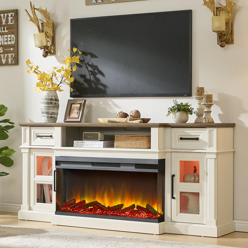 3-Side Fireplace TV Stand (Fits 80 Inch Tvs) – 36 Inch Electric Fireplace, Farmhouse LED Center With Drawers & Cabinets,Antique White