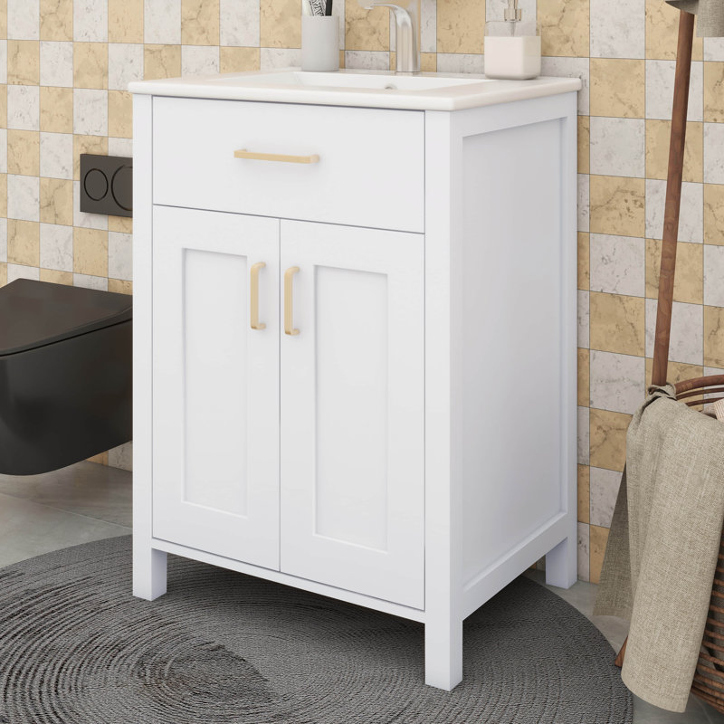 Armoire de salle de bain 24 po avec lavabo en céramique, étagère à deux niveaux avec tiroir basculant