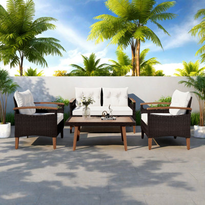 4-Piece Patio Seating Set With Pe Rattan, Curved Armrests, A Cover And Adjustable Feet by Winston Porter