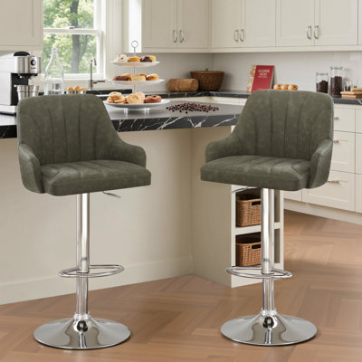 George Bar Stools Set of 2, Adjustable Swivel Barstools, Faux Leather Bar Chairs, Upholstered Counter Height with High Backrest Stool for Kitchen Island, Gray