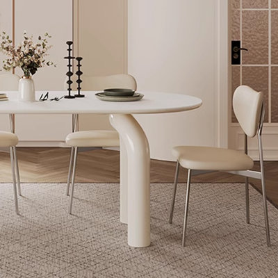 Oval Cream Style White Rock Slab Dining Table Set