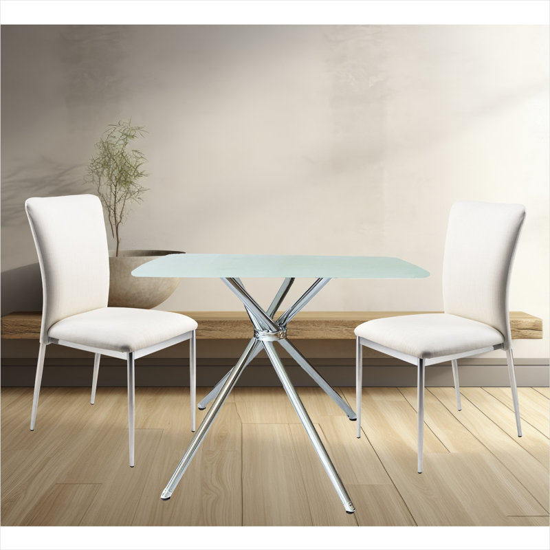 Ensemble de salle à manger carré 3 pièces pour petits espaces, chaises en similicuir blanc doux avec table en verre trempé, plateau de table de 36 pouces, pieds chromés