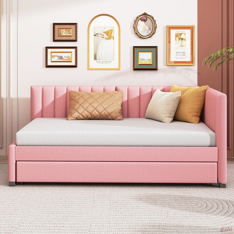 Lit de jour rembourré avec couchette simple pour canapé-lit, pas de sommier, tissu de lin (lit de jour), Rose
