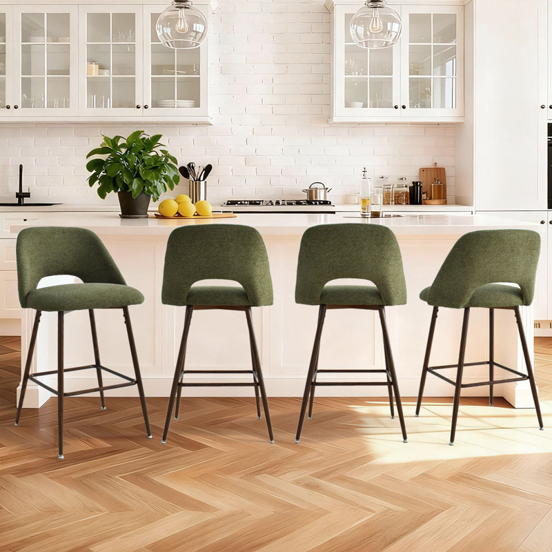 26" Upholstered Counter Height Bar Stools Set Of 4 With Metal Legs, Green/Polyester