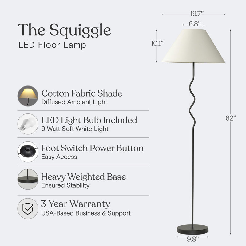 Squiggle 62" Modern LED Floor Lamp with Wavy Black Metal Base and Ivory Empire Shade, Bulb Included, Black