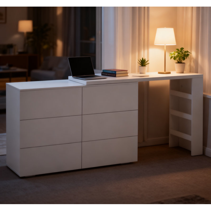 Six tiroirs, bureau amovible, trois compartiments de rangement, table multifonctionnelle blanche à six pompes, blanc