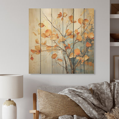 Or et feuilles d'oranges dans la brise I - Art mural en bois sur bois de pin naturel