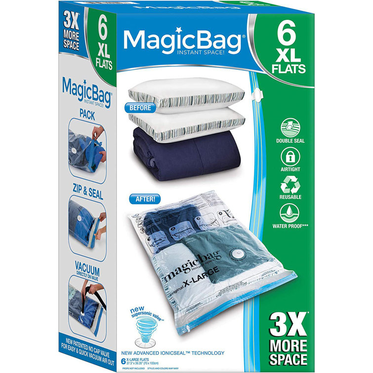 Magicbag Instant Space Saver Storage - 1 Jumbo Tote with 4 Large Flat Compression Bags - Clear