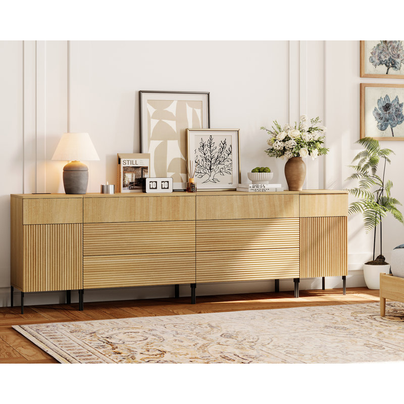 94.5" Modern Wood 8-Drawer Accent Cabinet With Reeded Design, Minimalist Cabinet Organizer Storage With Charging Station For Bedroom,Living Room, Entryway
