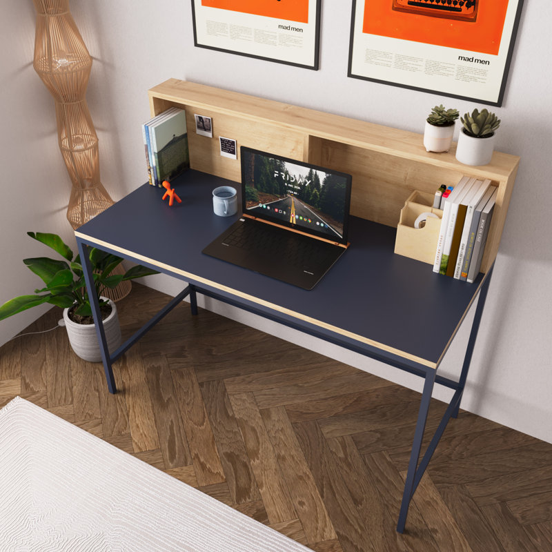 Bimossa Olivia Desk, 110cm Wide Desk, Stylish Home Office Writing Desk with Raised Block Shelf and Note Board, Metal Legs, Perfect for Students and Professionals
