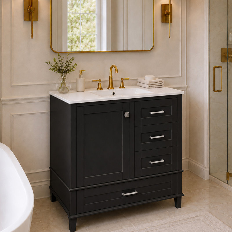 Meuble-lavabo à cadre en bois massif 36 po avec lavabo en céramique, Noir