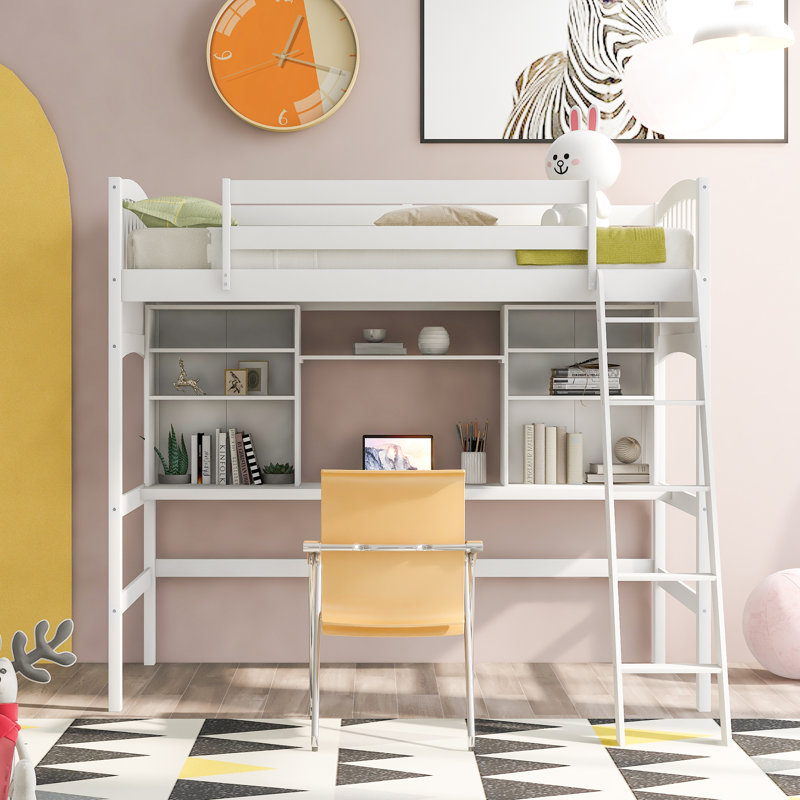 Lit mezzanine simple avec bureau, tablettes et échelle de rangement, structure en bois massif, finition blanche, lit peu encombrant
