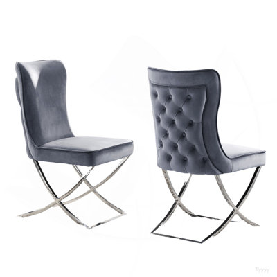 Glam Gray Velvet 2Pcs Side Chairs Button-Tufted Chrome Frame Upholstered Dining Chairs Furniture Set