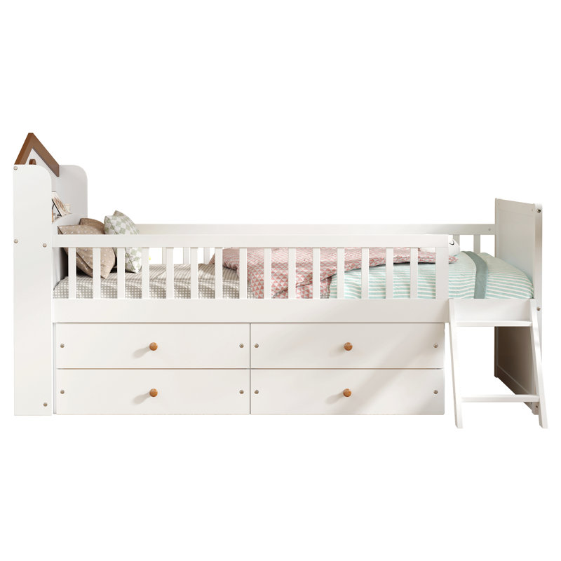 Cadre de lit simple avec rangement à 4 tiroirs, cadre de lit en bois pour enfants, lit plateforme simple avec tête de lit et échelle de garde-corps, aucun sommier requis, assemblage facile