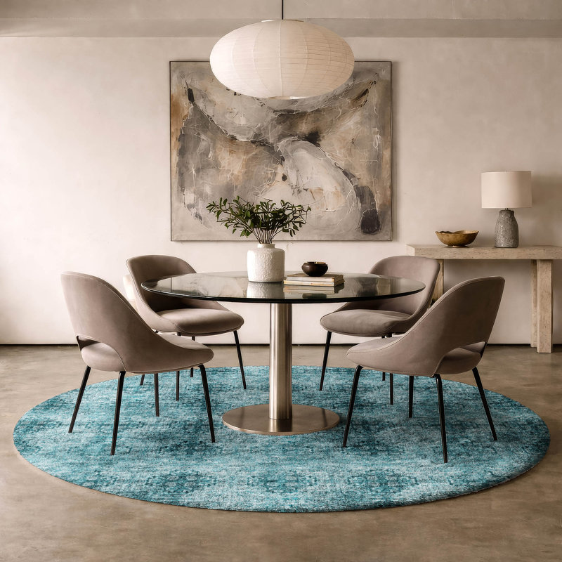 Premium Machine Washable Dream Shag ADS557 Medallions Rug, Teal, 8' Round