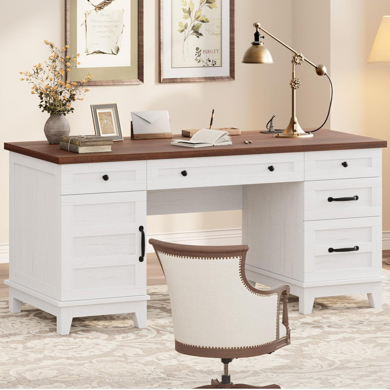 Extra-Wide Double Workstation Desk with Storage Cabinets, File Drawers, and Built-In Charging Station, Home Office Desk for Two