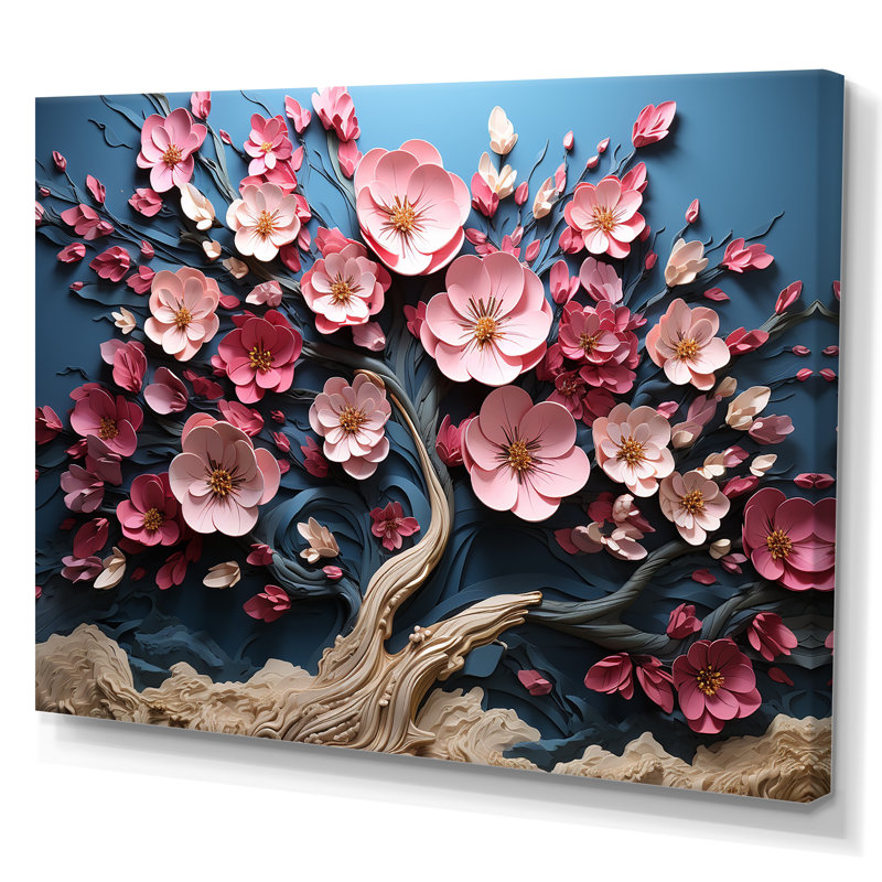 Arbre blanc dynamique et pétales roses I - arbre, art mural, Toile tendue, H 16 po x l 32 po x P 1 po