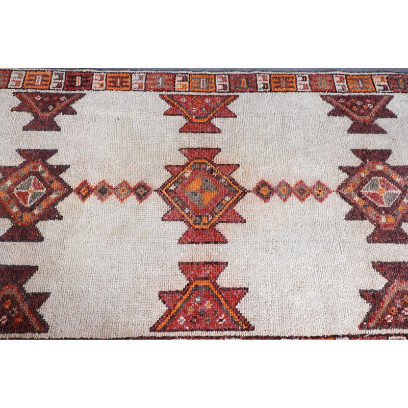 Vintage Turkish Handmade Runner Rug with Geometric Patterns in Warm Red Tones