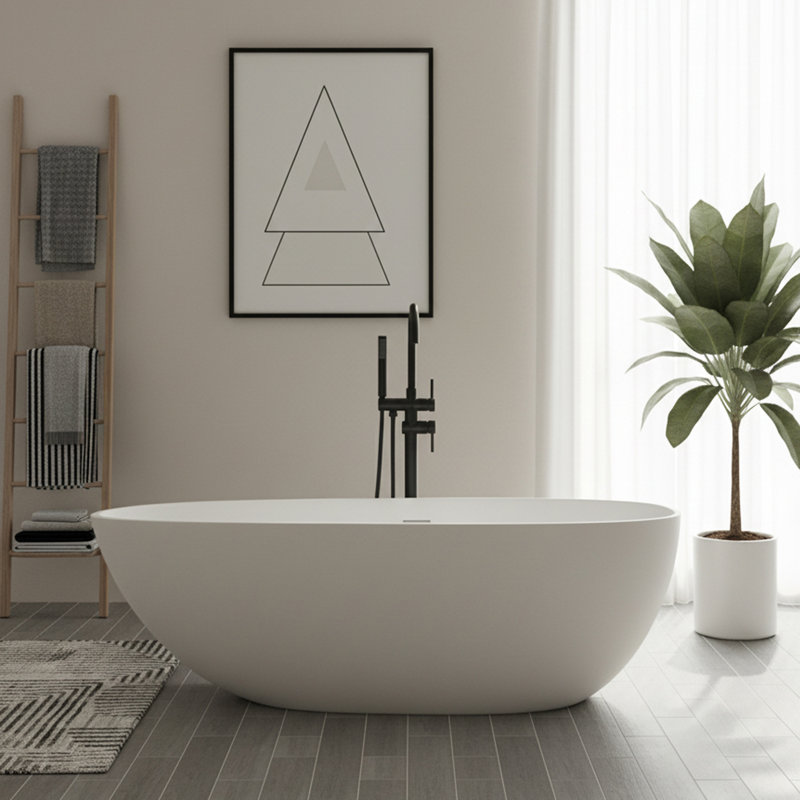 59" Freestanding Solid Surface Resin Stone Bathtub, Contemporary Design Stand Alone Tub With Pop-up Drain And Overflow, Cupc Certified, Matte White