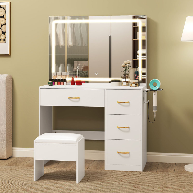 Dajanea Dressing Table with Mirror，Makeup Vanity Table Set for Bedroom, White