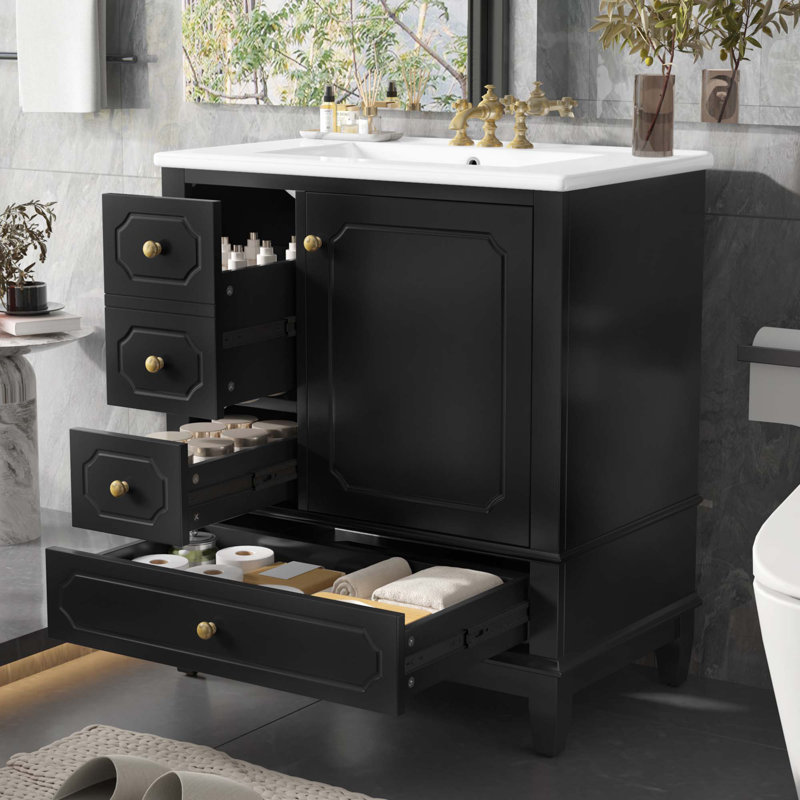 Meuble-lavabo 30 po avec lavabo, meuble-lavabo autoportant blanc avec cuve en céramique, structure en bois massif, porte à fermeture en douceur, 3 tiroirs, panneau de fibres à densité moyenne peint et bois d'hévéa