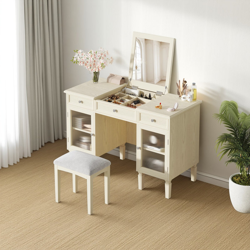 Bureau de coiffeuse 2 en 1 avec miroir rabattable et rangement, ensemble de coiffeuse avec tabouret, tiroirs et armoires, chêne blanc