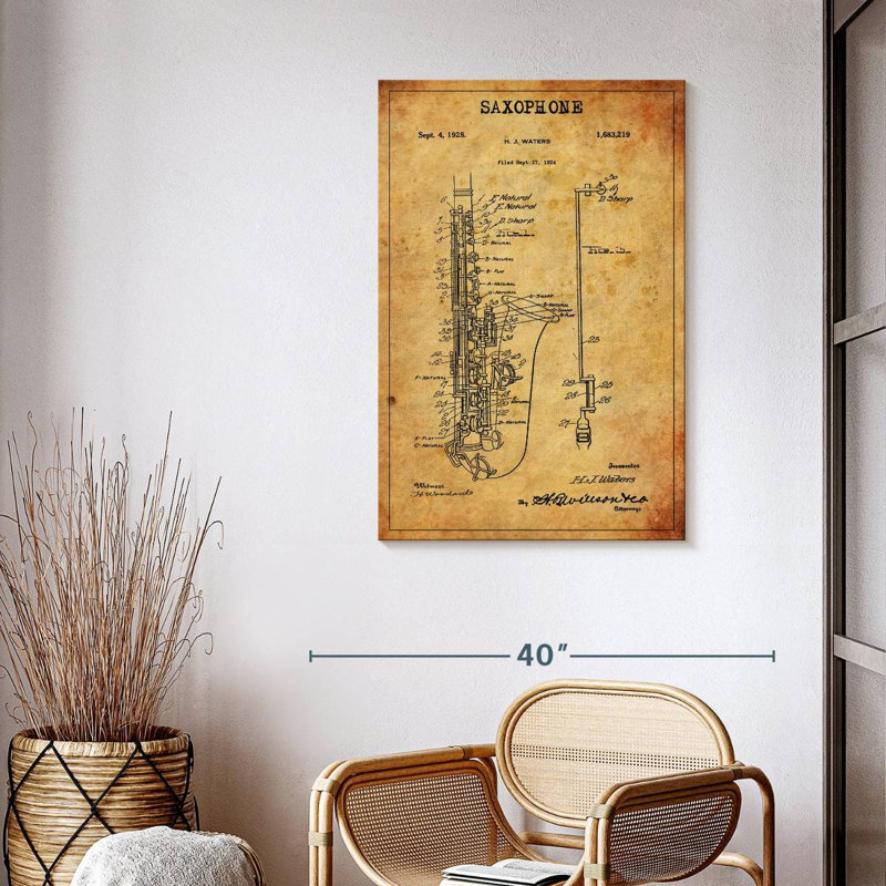 Brevet de saxophone sur toile, H 39 po x l 26 po x P 1,25 po
