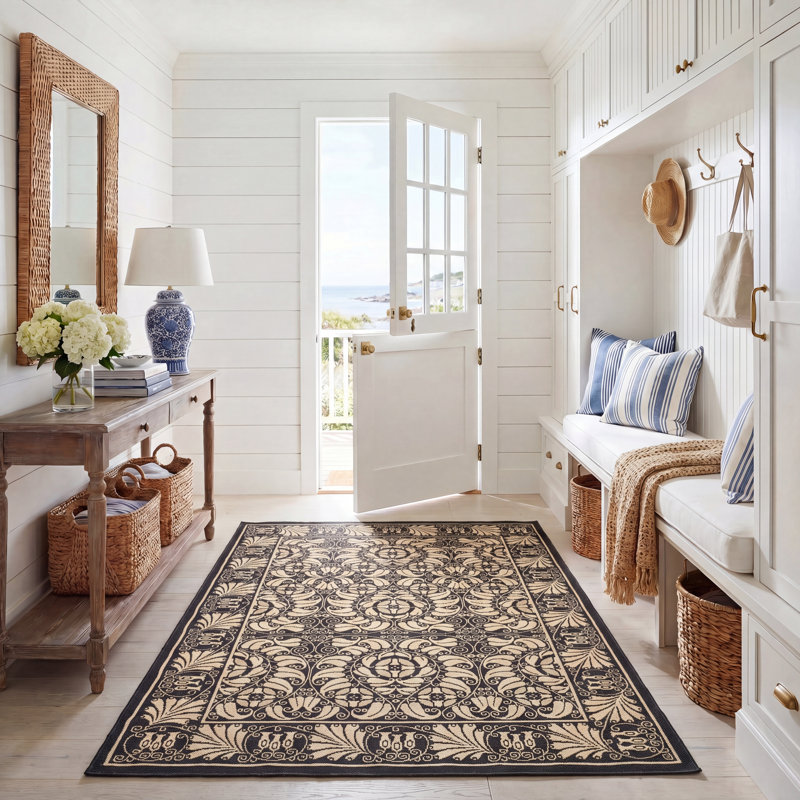 Arneshia Oriental Black/Beige Indoor/Outdoor Area Rug, Rectangle 5'3" x 7'7"